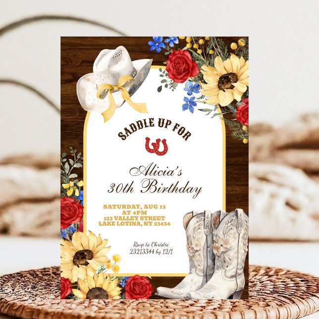 Rose and Sunflower Rustic Boots Birthday Invitation (Creator Uploaded)