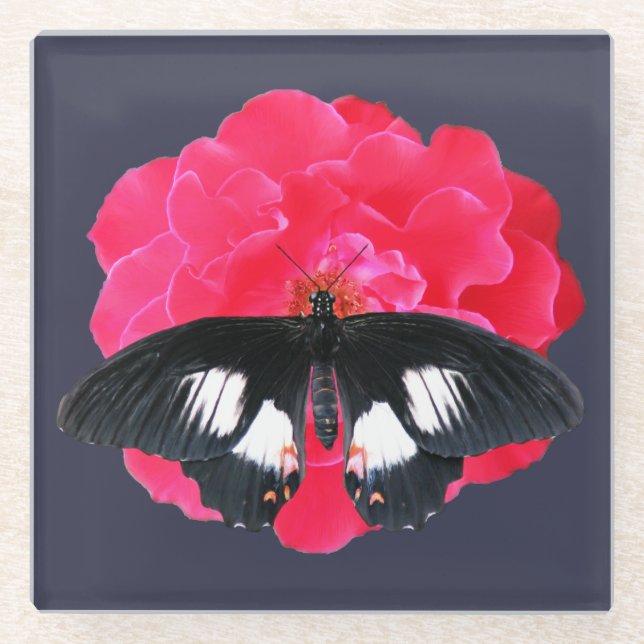Rose and Swallowtail Glass Coaster (Front)