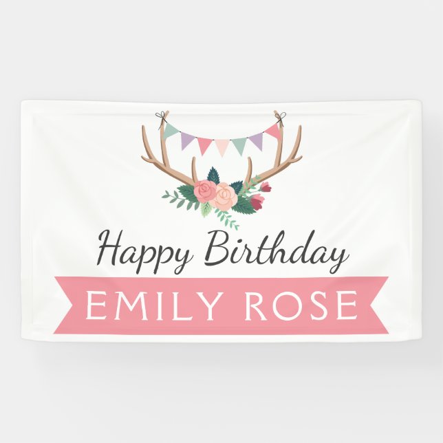 Rose Antlers & Party Bunting Birthday Decor Banner (Horizontal)