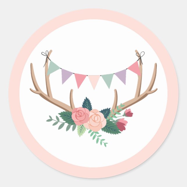 Rose Antlers & Party Bunting Girl's Birthday Classic Round Sticker (Front)