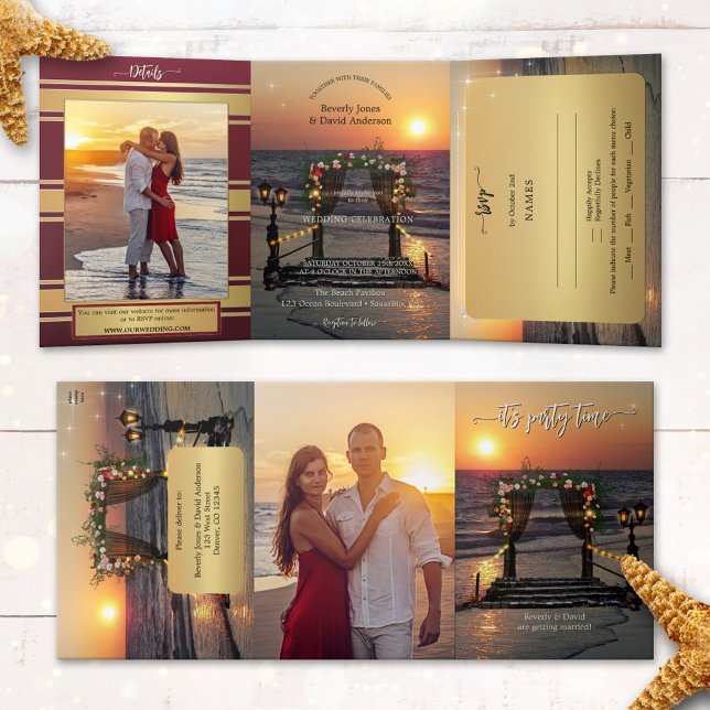 Rose Arbor Beach Photo Wedding All in One Tri-Fold Invitation (Tri-fold beach photo wedding invitation featuring a rose arbor at sunset, with festive string lights)