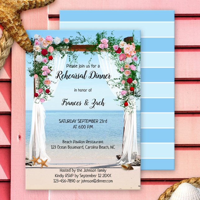Rose Arbor Beach Rehearsal Dinner Invitation (Romantic rehearsal dinner invitation with an image of a rose arbor with veils, overlooking a beach)
