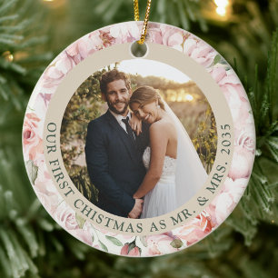 Rose Arbor First Christmas as Mr & Mrs Floral Ceramic Ornament