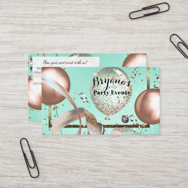 Rose Balloons Mint Turquoise Party Planner Business Card (Front/Back In Situ)