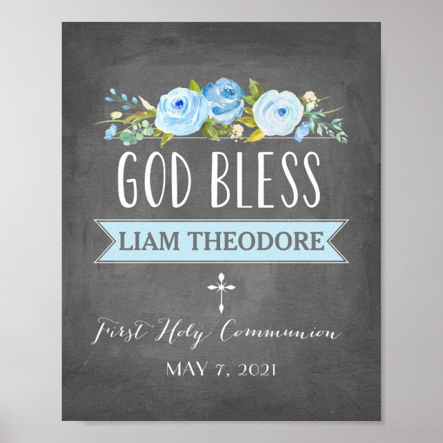 Rose Banner | Blue Chalkboard Communion Sign (Front)