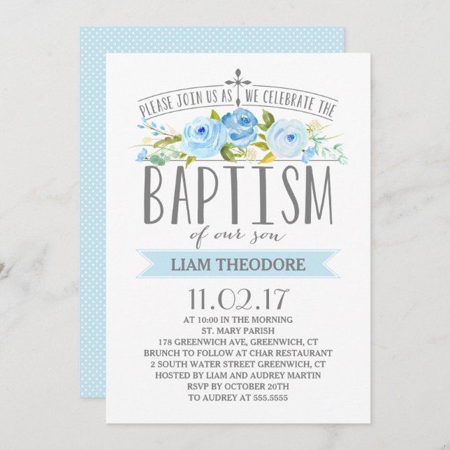 Rose Banner | Boy Baptism Invitation (Front/Back)