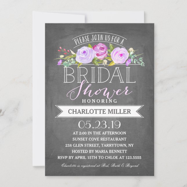 Rose Banner Bridal Shower Invitation Purple (Front)