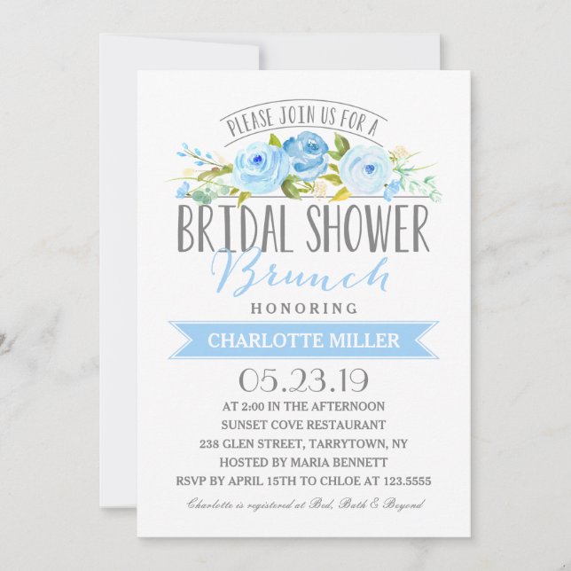 Rose Banner Brunch Bridal Shower Blue Invitation (Front)