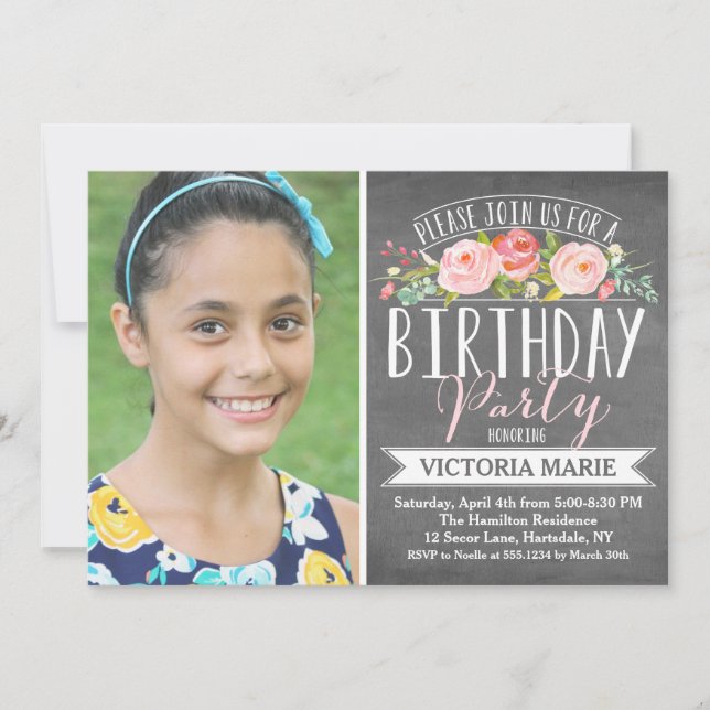 Rose Banner Chalkboard | Birthday Invitation (Front)