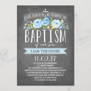 Rose Banner Chalkboard   Blue Baptism Invitation
