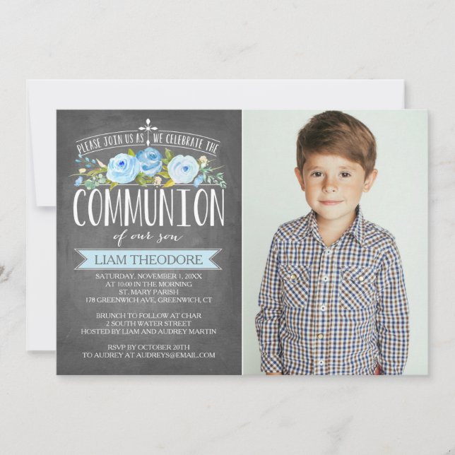Rose Banner Chalkboard | Communion Invitation (Front)