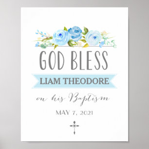 Rose Banner   God Bless   Blue Baptism Sign