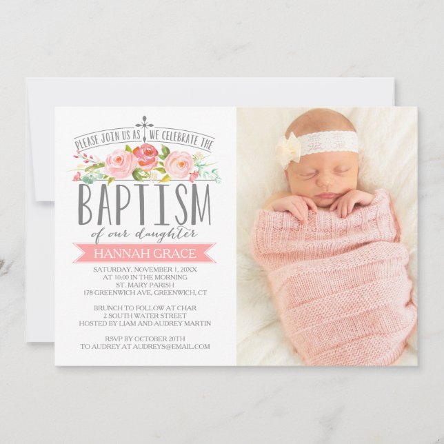 Rose Banner Pink Baptism Invitation (Front)