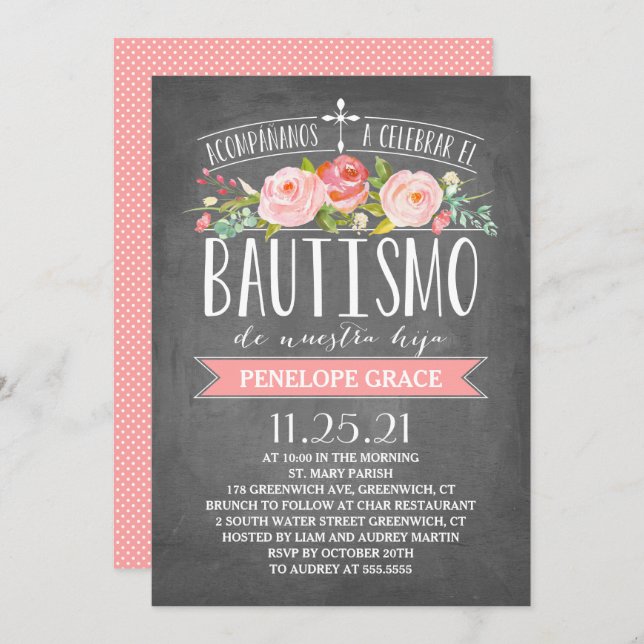 Rose Banner Pink | Spanish Bautismo Invitation (Front/Back)