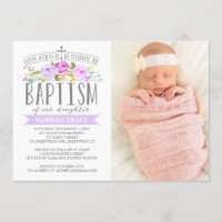 Rose Banner Purple Baptism Photo Invitation