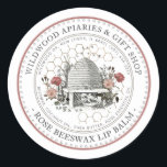Rose Beeswax Lip Balm Vintage Skep with Honeycomb  Classic Round Sticker<br><div class="desc">Custom Lip Balm label with vintage illustration of a bee-hive surrounded by an old world garden with wildflowers,  roses and little bees. Dotted circle border. Honeycomb Pattern in background. Personalise with your name,  apiary,  location and cell phone,  and ingredient list.</div>