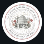 Rose Beeswax Lip Balm Vintage Skep with Honeycomb  Classic Round Sticker<br><div class="desc">Custom Lip Balm label with vintage illustration of a bee-hive surrounded by an old world garden with wildflowers,  roses and little bees. Dotted circle border. Honeycomb Pattern in background. Personalise with your name,  apiary,  location and cell phone,  and ingredient list.</div>