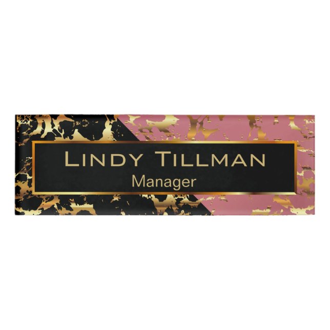 Rose, Black and Gold Marble Name Tag (Front)