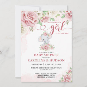 Rose Bloom Blush Pink Elephant Girl Baby Shower Invitation