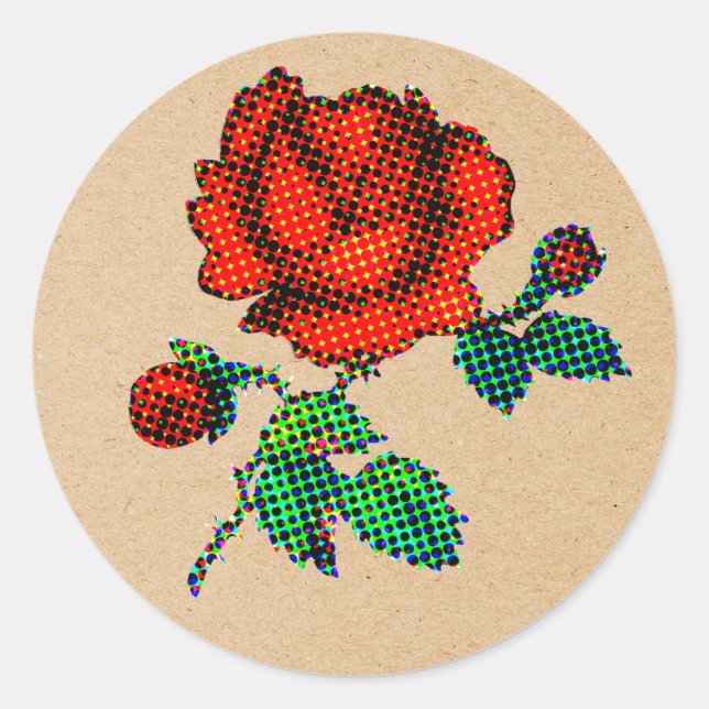 Rose Bloom Halftone on Brown Paper Fine Art Classic Round Sticker (Front)