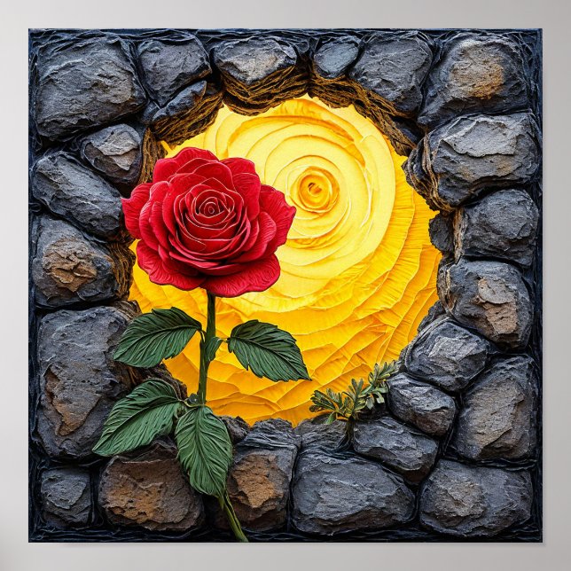 🌹 Rose Blooming Through Ancient Stone Wall ✨ Poster (Front)