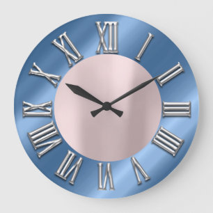 Rose Blue Grey Metal Grey Silver Roman Number Large Clock