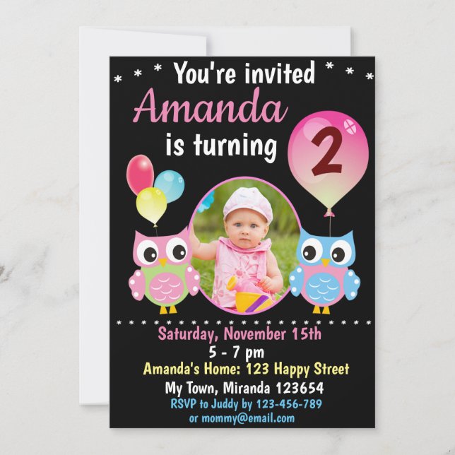 Rose Blue Owl birthday invitation (Front)