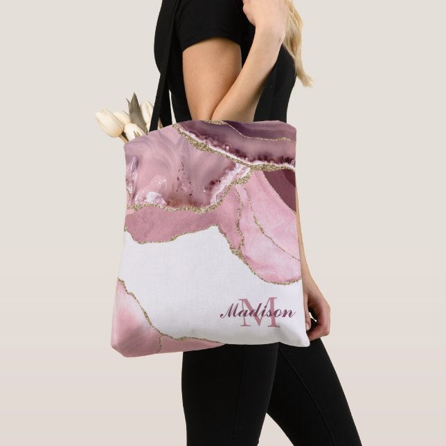 Rose Blush And Gold Glitter Agate Monogram Tote Bag (Close Up)