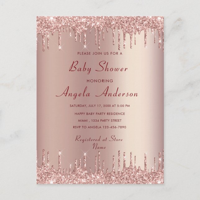 Rose Blush Baby Girl Shower Invitation and QR Code Postcard (Front)