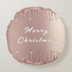 Rose Blush Glitter Drips Christmas Round Pillow