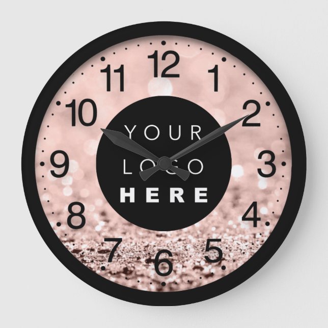 Rose Blush Glitter Modern Custom Logo Large Clock (Front)