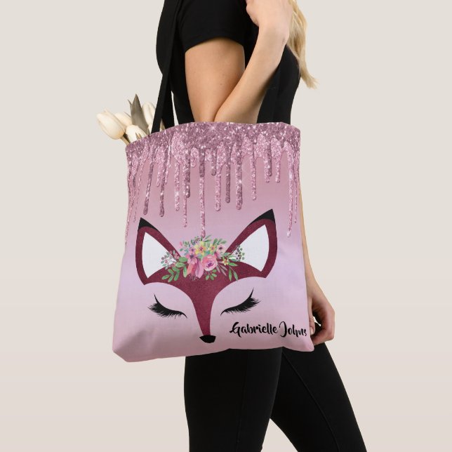 Rose Blush Glitter Paint Girly Fox Tote Bag (Close Up)