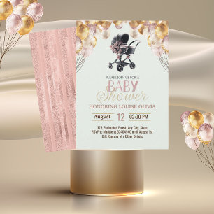 Rose Blush Gold Stroller Glitter Girl Baby Shower Invitation