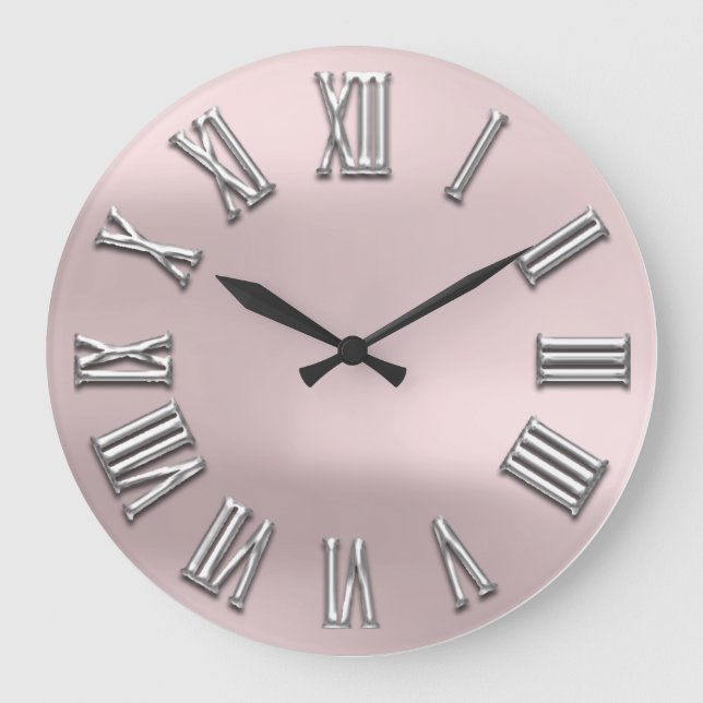 Rose Blush Grey Metal Grey Silver Roman Number Large Clock (Front)