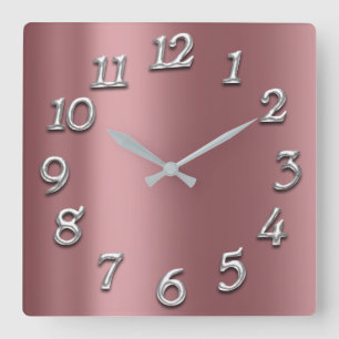 Rose Blush Metallic Arabic Numbers Silver Grey Square Wall Clock