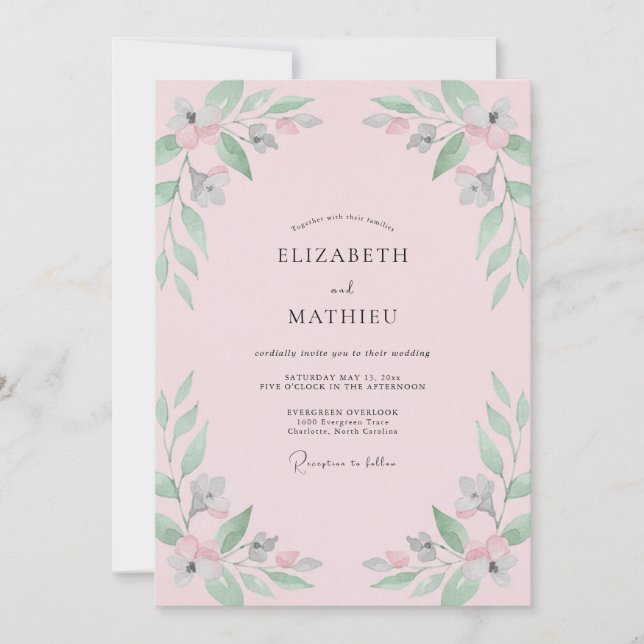 Rose Blush Mint Foliage Eucalyptus Wedding Invitation (Front)