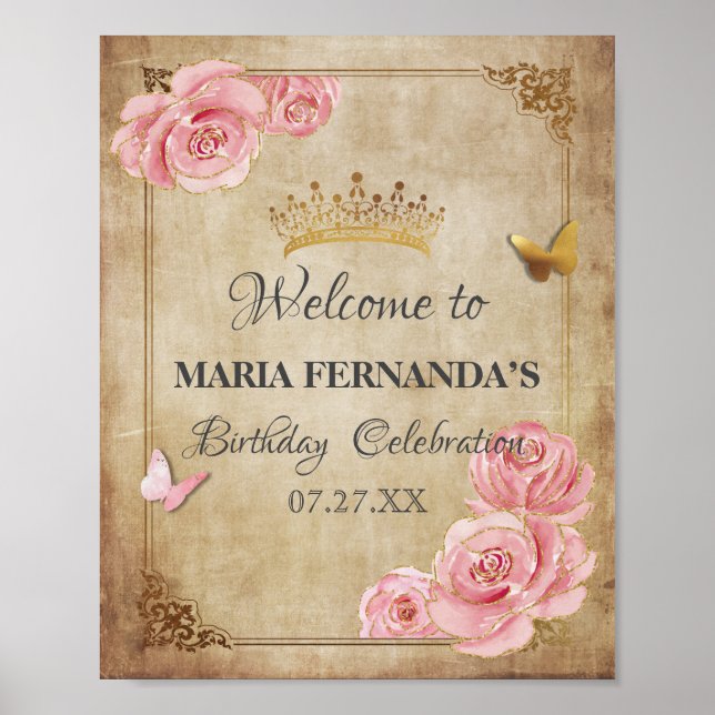 Rose Blush Pink Butterfly Crown Gold Quinceanera Poster (Front)