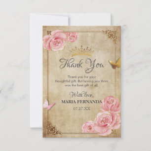 Rose Blush Pink Butterfly Crown Gold Quinceanera Thank You Card