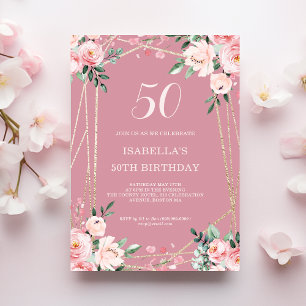 Rose   Blush Pink Floral 50th Birthday Invitation