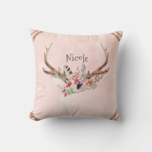 Rose Blush Pink Floral Deer Antlers Boho Chic Cushion