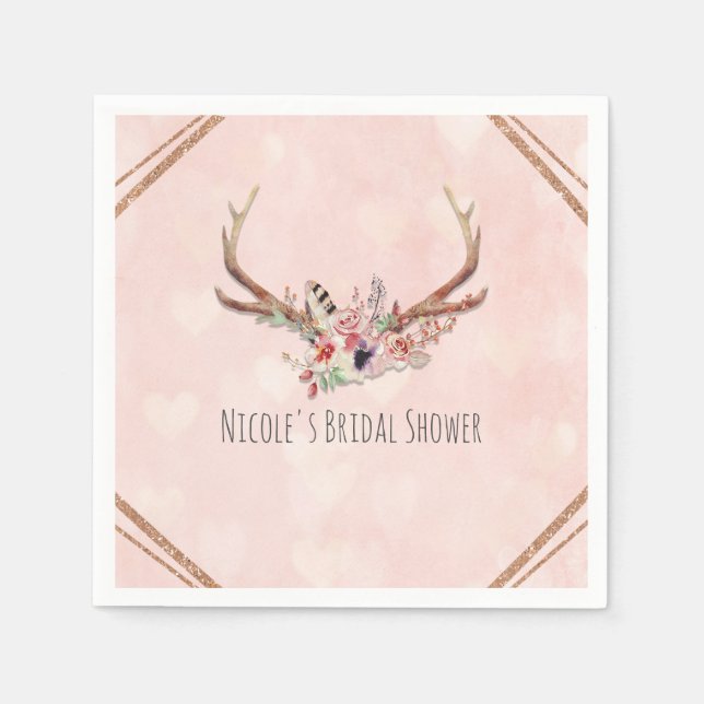 Rose Blush Pink Floral Deer Antlers Boho Chic Napkin (Front)