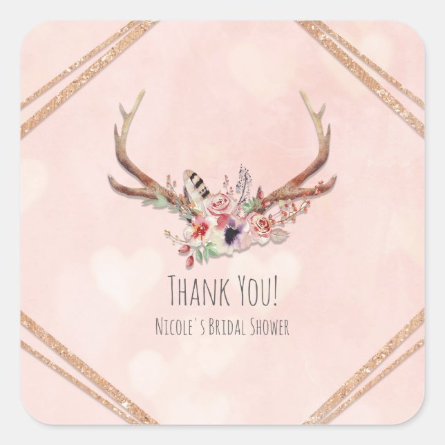 Rose Blush Pink Floral Deer Antlers Boho Chic Square Sticker (Front)