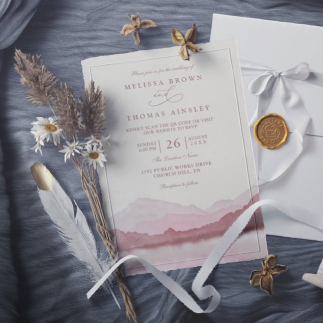 Rose Boho Watercolor Mountain QR Code Wedding Invitation (Creator Uploaded)