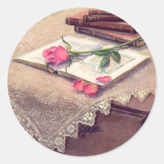 ROSE & BOOKS by SHARON SHARPE Classic Round Sticker