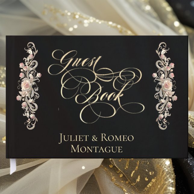 Rose Border & Heart Monogram - Black Guest Book (Creator Uploaded)