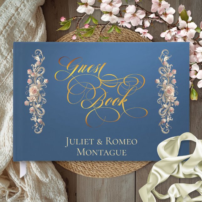 Rose Border & Heart Monogram - Blue Guest Book (Creator Uploaded)