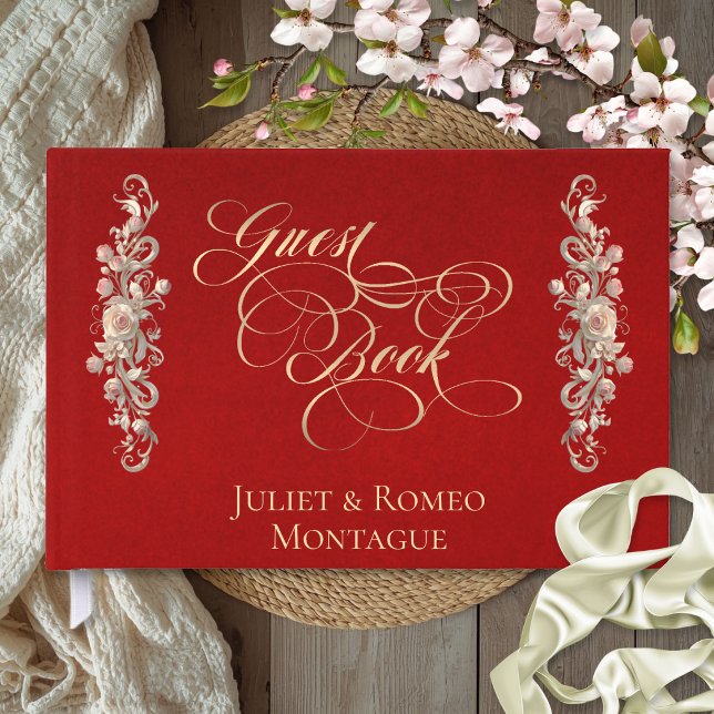 Rose Border & Heart Monogram - Red Guest Book (Creator Uploaded)