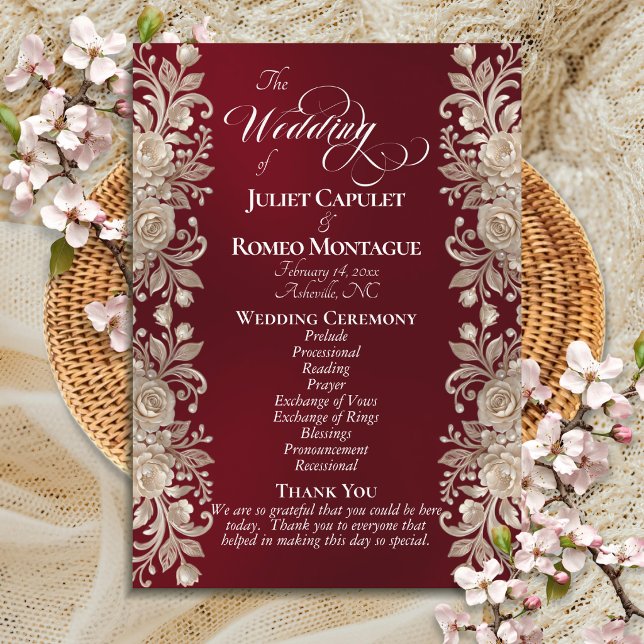 Rose Border on Burgundy - Wedding Program (Creator Uploaded)