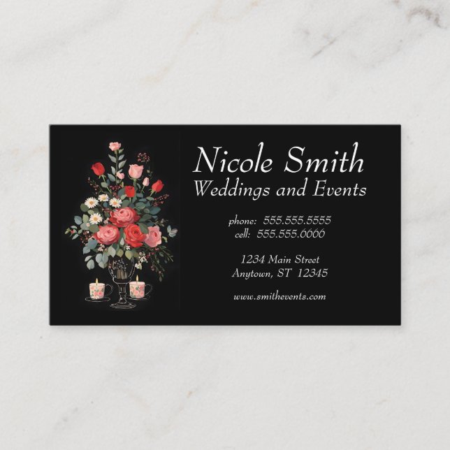 Rose Bouquet & Candles Wedding Planner Events  Business Card (Front)