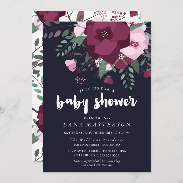 Rose Bouquet Dark Blue Baby Shower Invitation (Front/Back)